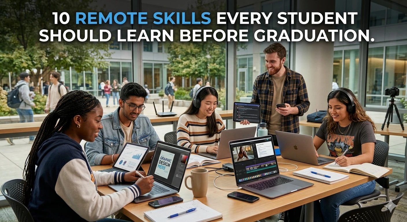 A realistic photograph of a diverse group of university students collaborating around a large wooden table in a modern campus lounge. They are working on laptops and tablets displaying digital marketing, graphic design, and video editing interfaces, under a bold headline reading '10 REMOTE SKILLS EVERY STUDENT SHOULD LEARN BEFORE GRADUATION.