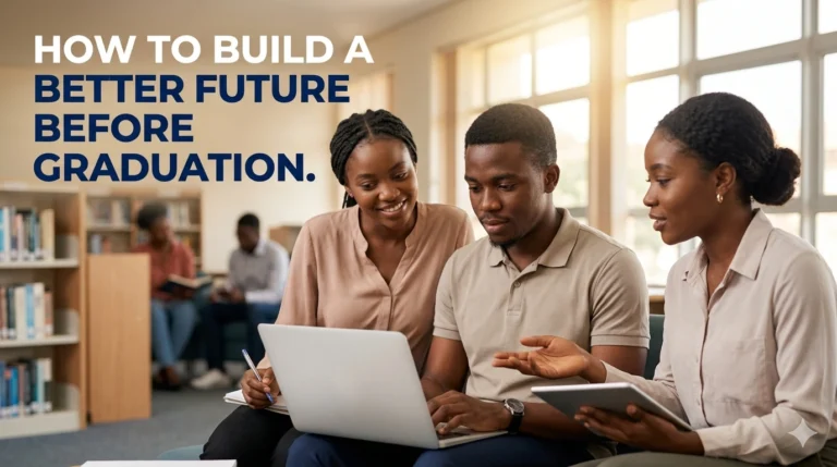 A realistic photograph of three young Black African university students collaborating in a library. A young man types on a laptop while two young women look on, one taking notes and the other holding a tablet, under a bold headline reading 'HOW TO BUILD A BETTER FUTURE BEFORE GRADUATION.'