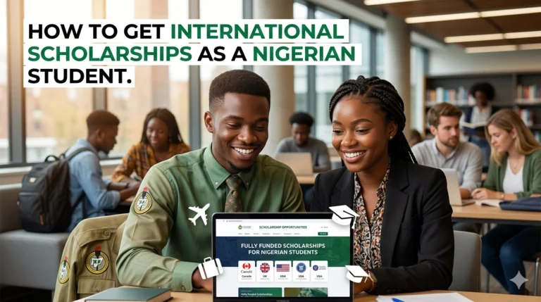 A realistic photograph of two young Nigerian students, a man and a woman, smiling at a laptop screen showing a portal titled 'FULLY FUNDED SCHOLARSHIPS FOR NIGERIAN STUDENTS.' The background shows a university library setting, and a bold text overlay reads 'HOW TO GET INTERNATIONAL SCHOLARSHIPS AS A NIGERIAN STUDENT.'