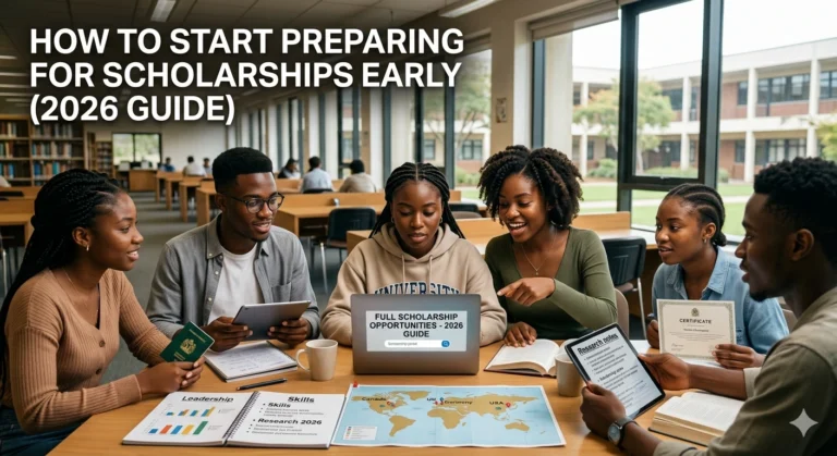 Five young Black African university students collaborating around a wooden library table. They are looking at a laptop showing 'FULL SCHOLARSHIP OPPORTUNITIES - 2026 GUIDE', surrounded by research notes and a global map, under natural daylight. The title 'HOW TO START PREPARING FOR SCHOLARSHIPS EARLY (2026 GUIDE)' is overlaid in white text at the top left.