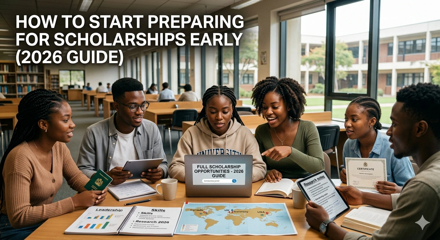 Five young Black African university students collaborating around a wooden library table. They are looking at a laptop showing 'FULL SCHOLARSHIP OPPORTUNITIES - 2026 GUIDE', surrounded by research notes and a global map, under natural daylight. The title 'HOW TO START PREPARING FOR SCHOLARSHIPS EARLY (2026 GUIDE)' is overlaid in white text at the top left.