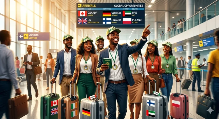 A realistic photo of smiling Nigerian graduates in blazers and NYSC caps walking excitedly through an airport terminal with suitcases bearing flags for Canada, the UK, Germany, and others, looking up at a departure board listing available countries.