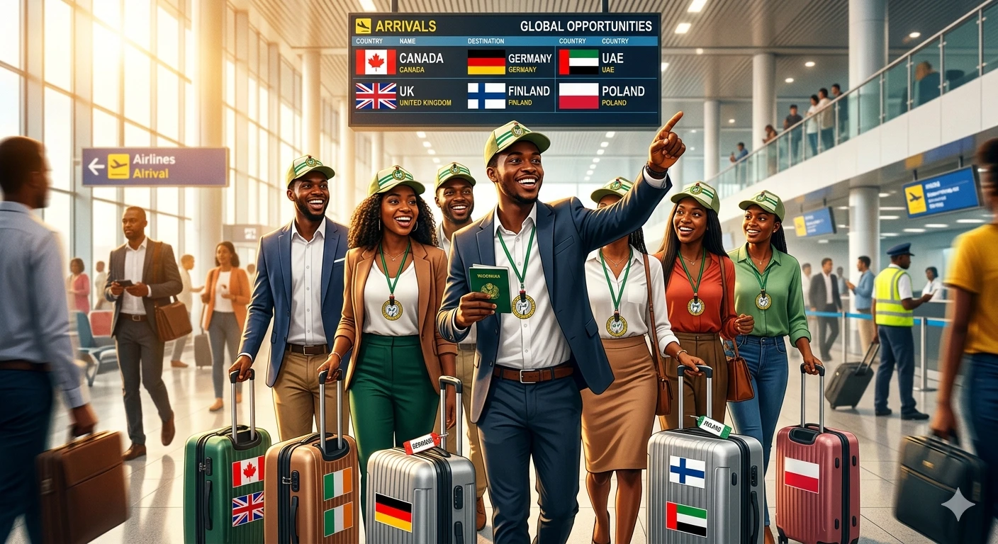 A realistic photo of smiling Nigerian graduates in blazers and NYSC caps walking excitedly through an airport terminal with suitcases bearing flags for Canada, the UK, Germany, and others, looking up at a departure board listing available countries.