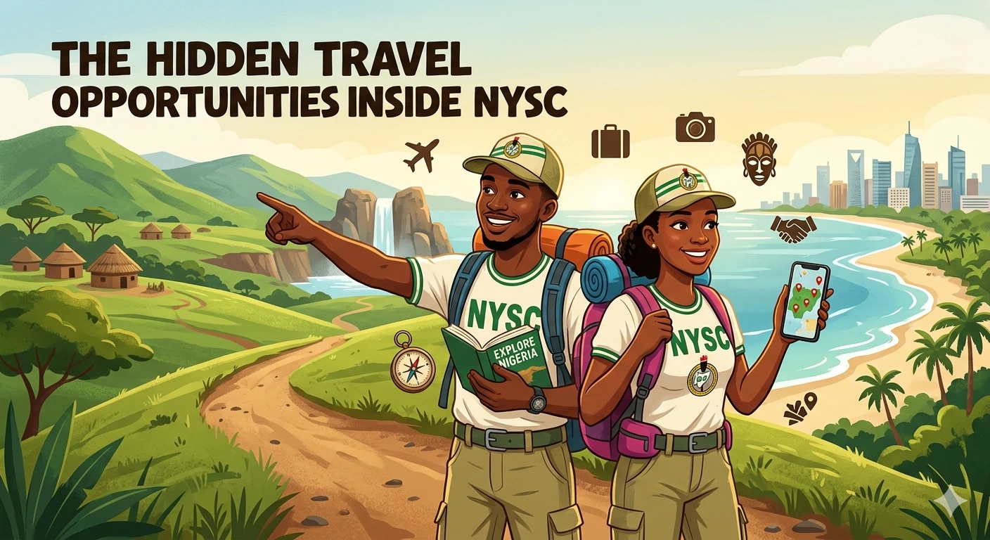 An illustrated blog featured image showing a male and female Nigerian NYSC corps member backpacking through a diverse Nigerian landscape featuring rolling green hills, a waterfall, and a distant beach city, with the text 'The Hidden Travel Opportunities Inside NYSC'.