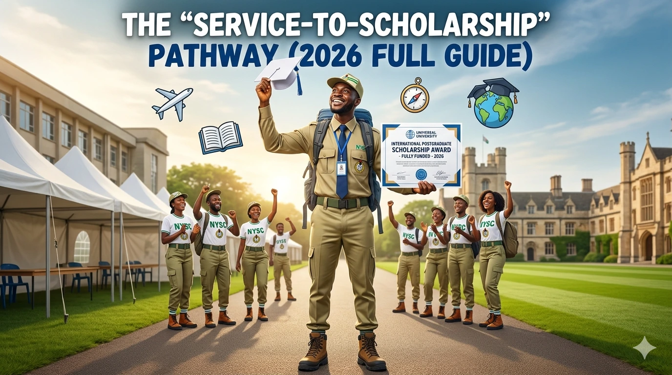 An illustration designed as a blog featured image, showing a male and female Nigerian NYSC corps member backpacking through a diverse Nigerian landscape featuring rolling green hills, a waterfall, and a distant beach city, with the text 'The Service-to-Scholarship Pathway (2026 Full Guide)