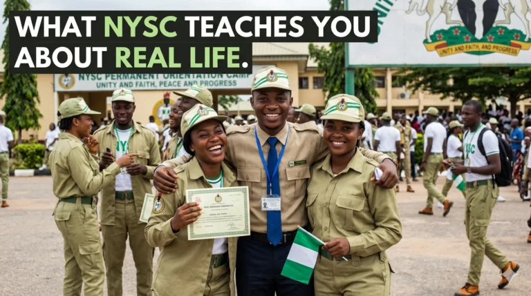 A realistic photograph of a group of happy Black African young adult Nigerian graduates in full khaki uniform, holding certificates and smiling broadly at an official NYSC camp Passing-Out Parade ground, under a bold title overlay reading 'WHAT NYSC TEACHES YOU ABOUT REAL LIFE.