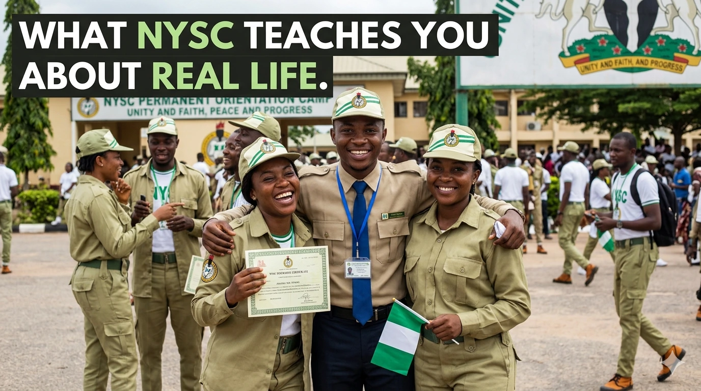 A realistic photograph of a group of happy Black African young adult Nigerian graduates in full khaki uniform, holding certificates and smiling broadly at an official NYSC camp Passing-Out Parade ground, under a bold title overlay reading 'WHAT NYSC TEACHES YOU ABOUT REAL LIFE.