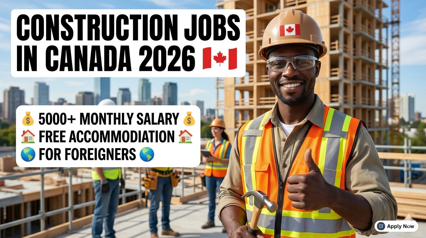 A smiling Black African construction worker in a hard hat and safety vest giving a thumbs up on a Canadian job site, featuring text highlights of a $5000 monthly salary and free accommodation.